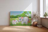 Sinus Art Wandbild 120x80cm Liebevoll gezeichnete Elefantenmutter mit Baby in lebendiger Naturkulisse