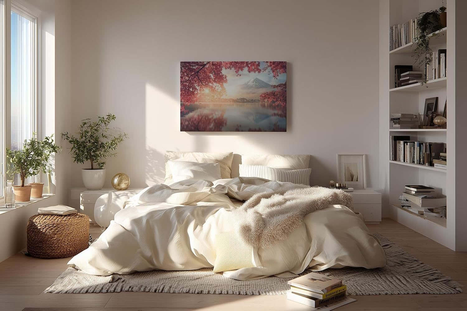 Sinus Art Wandbild 120x80cm Blick auf schneebedeckten Fuji hinter rosa Blüten über stillem Wasser