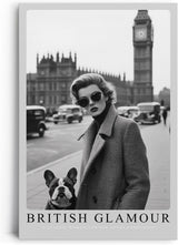 Paul Sinus Leinwandbild 60x90cm Leinwandbild Britischer Glamour – Stilvolle Schwarz-Weiß-Fotografie einer eleganten Frau mit Hund vor Big Ben
