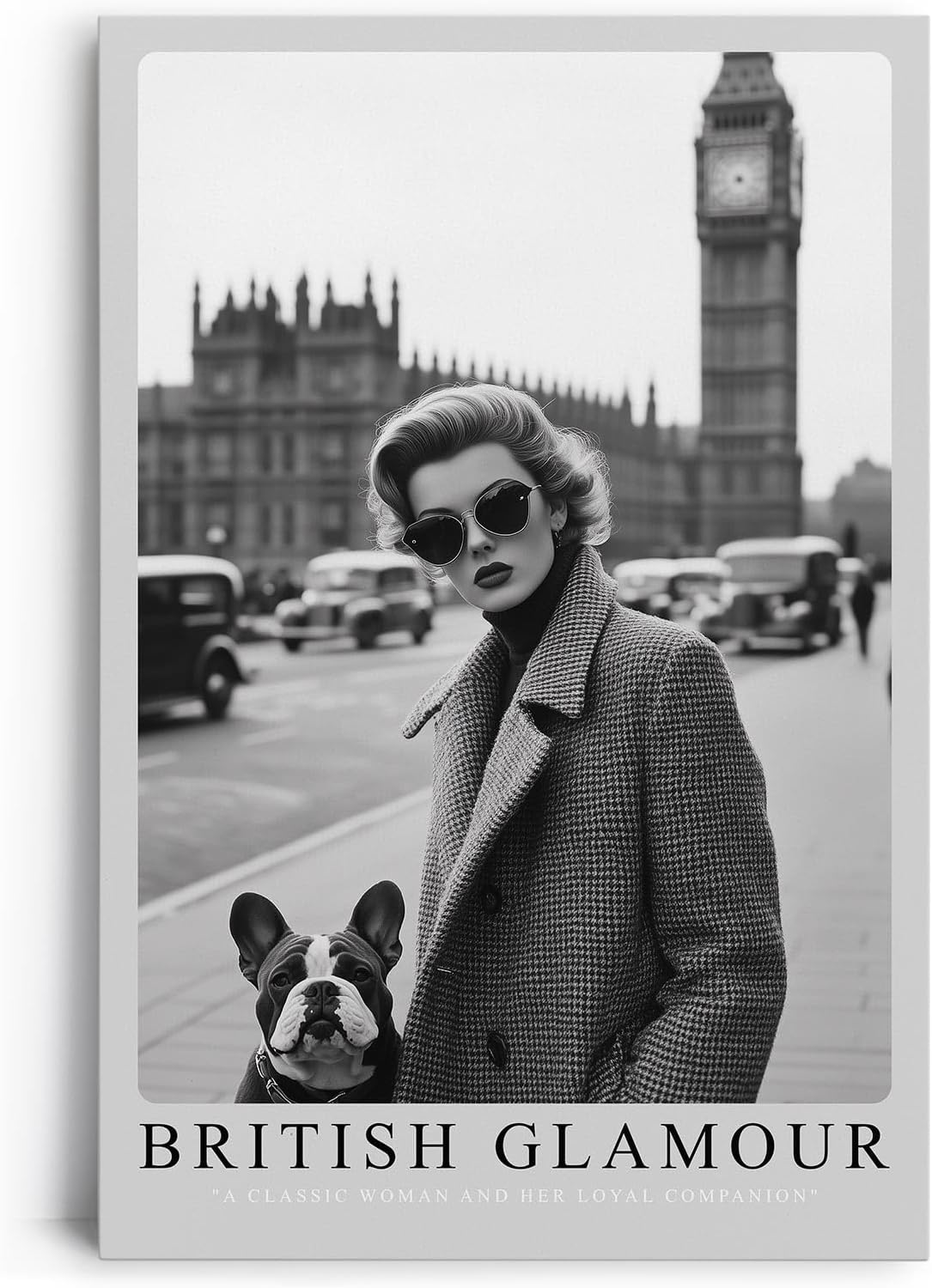 Paul Sinus Leinwandbild 60x90cm Leinwandbild Britischer Glamour – Stilvolle Schwarz-Weiß-Fotografie einer eleganten Frau mit Hund vor Big Ben