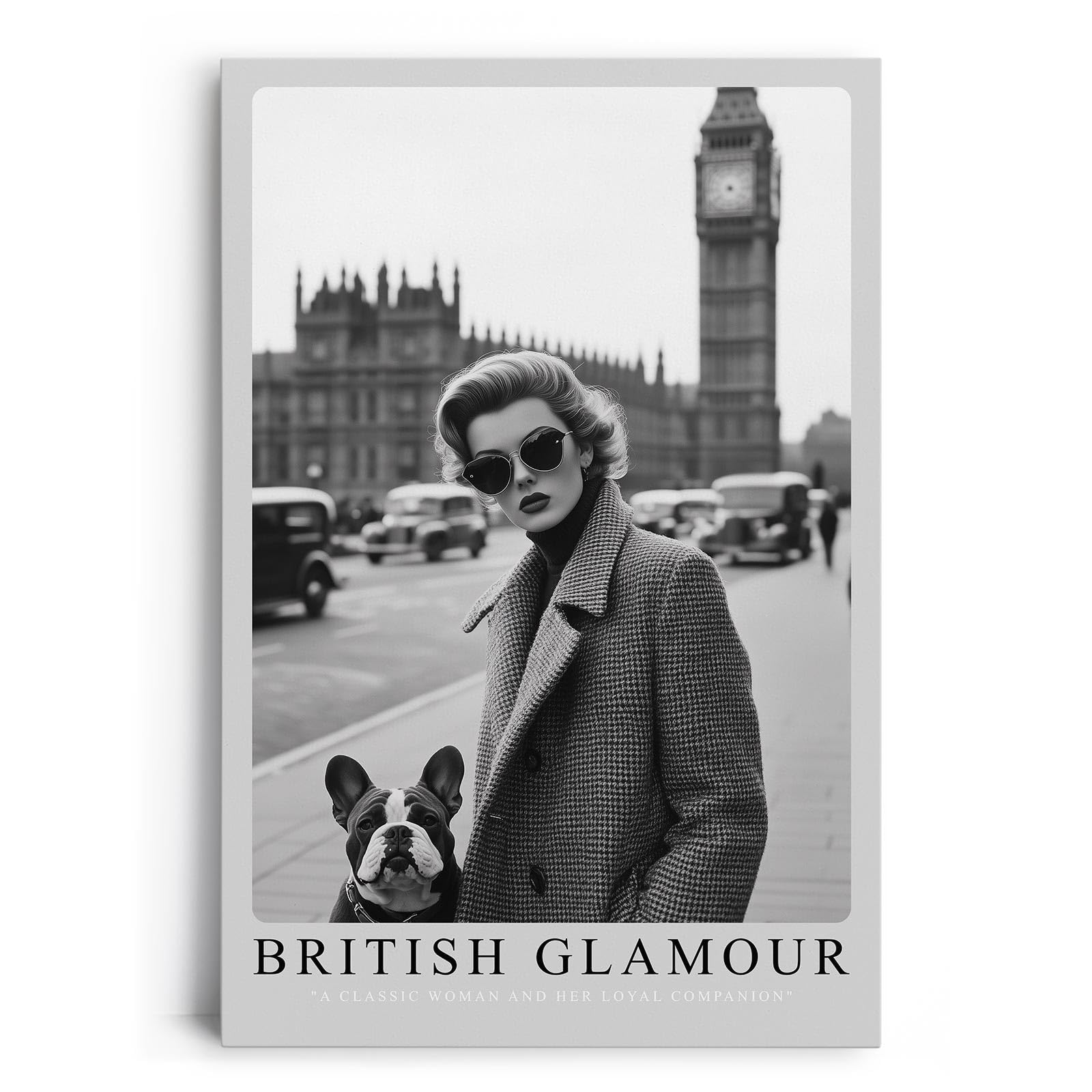 Paul Sinus Leinwandbild 60x90cm Leinwandbild Britischer Glamour – Stilvolle Schwarz-Weiß-Fotografie einer eleganten Frau mit Hund vor Big Ben
