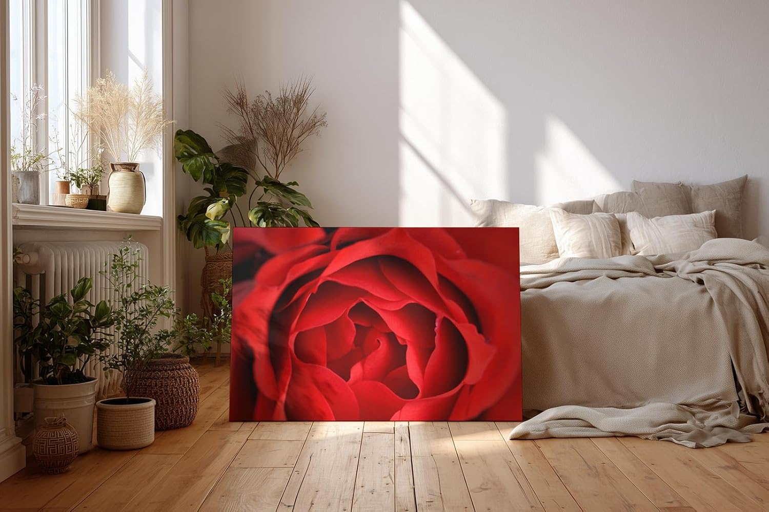 Sinus Art Wandbild 120x80cm Detailreiche Nahaufnahme einer geöffneten roten Rose mit sanft geschwungenen Blütenblättern