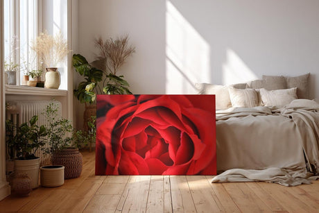 Sinus Art Wandbild 120x80cm Detailreiche Nahaufnahme einer geöffneten roten Rose mit sanft geschwungenen Blütenblättern