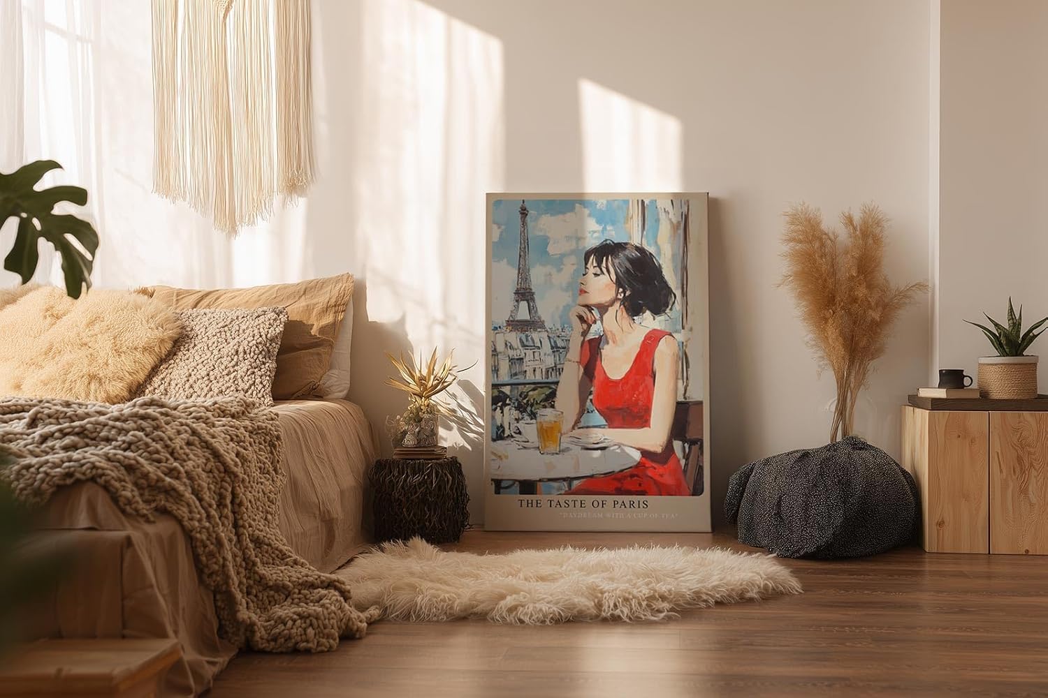 Paul Sinus Wandbild in 40x60cm The Taste of Paris Bilder einer Frau im roten Kleid auf einer Pariser Terrasse mit Blick auf den Eiffelturm