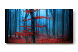 Sinus Art Wandbild 120x80cm Roter Baum vor blauem Nebel – geheimnisvoll, künstlerisch und emotional wirkungsvoll