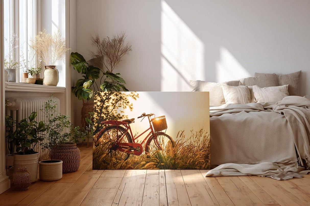 Sinus Art Wandbild 120x80cm Rotes Fahrrad im goldenen Gegenlicht einer Sommerwiese mit romantischem Flair