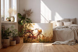 Sinus Art Wandbild 120x80cm Rotes Fahrrad im goldenen Gegenlicht einer Sommerwiese mit romantischem Flair