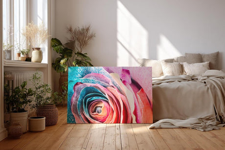 Sinus Art Wandbild 120x80cm Intensive Nahaufnahme einer vielfarbigen Rose mit einzigartiger Blattstruktur
