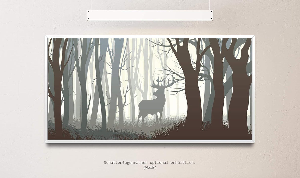 Rehbock in einem Wald ca. 130x70cm Wandbild inklusive Schattenfugenrahmen weiss - Panorama Leinwand Bild XXL Format Wandbilder Wohnzimmer Wohnung Deko Kunstdrucke