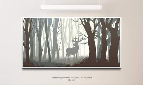 Rehbock in einem Wald ca. 130x70cm Wandbild inklusive Schattenfugenrahmen weiss - Panorama Leinwand Bild XXL Format Wandbilder Wohnzimmer Wohnung Deko Kunstdrucke