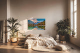 Sinus Art Wandbild 120x80cm Bunt gefärbter Herbstwald am See mit Spiegelung vor alpiner Kulisse für harmonische Raumwirkung
