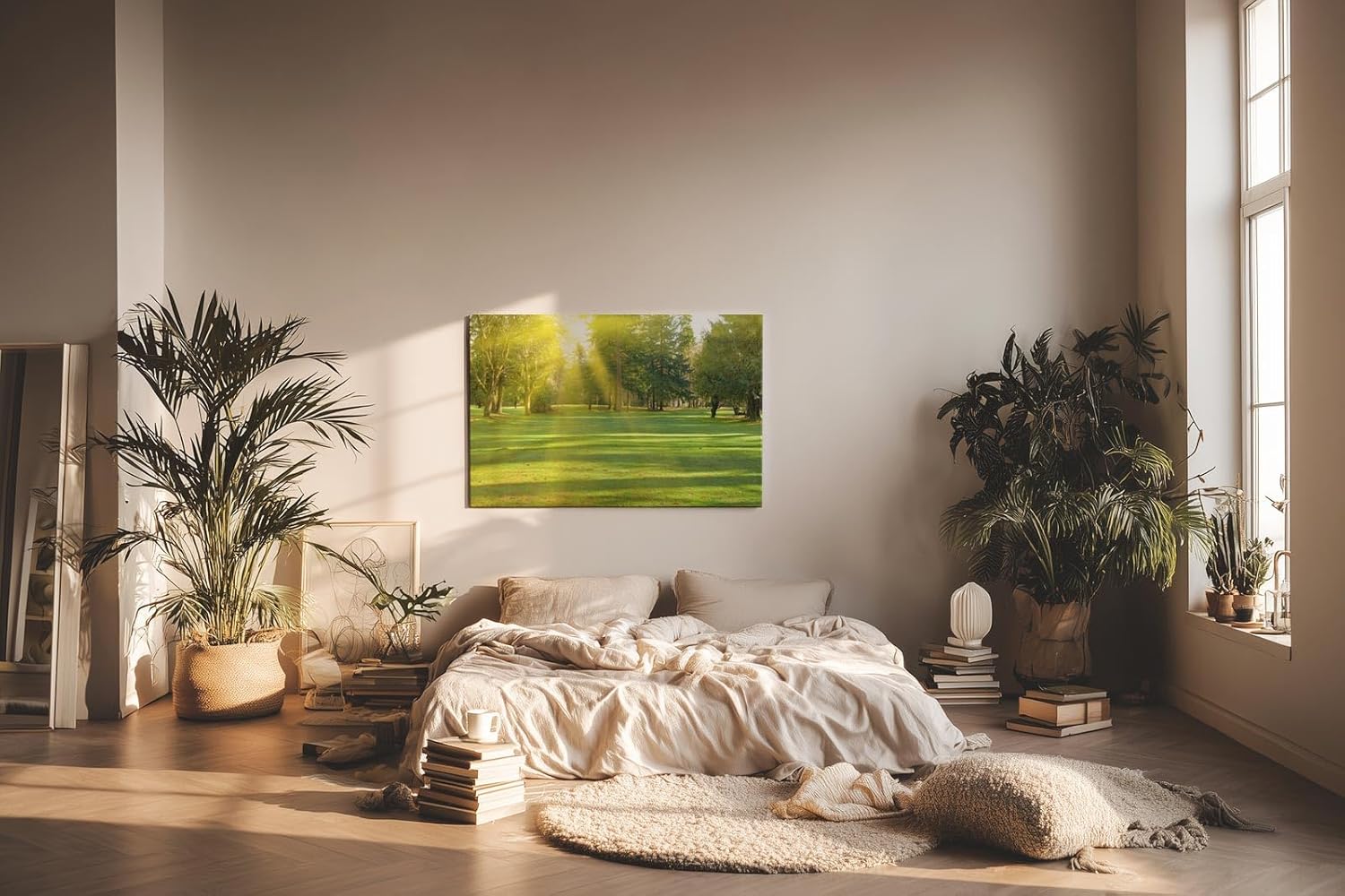 Sinus Art Wandbild 120x80cm Lichtdurchfluteter Wald mit kräftigem Grün und sanftem Schattenwurf