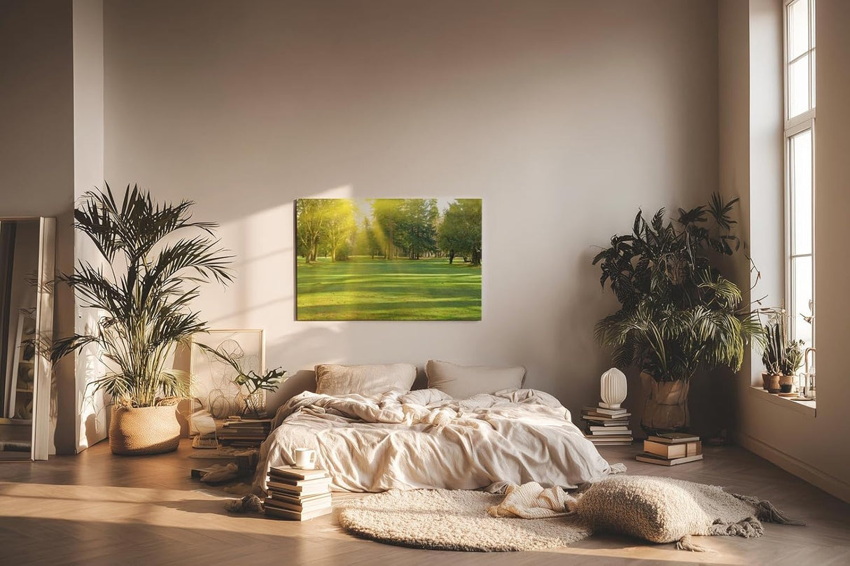 Sinus Art Wandbild 120x80cm Lichtdurchfluteter Wald mit kräftigem Grün und sanftem Schattenwurf
