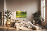 Sinus Art Wandbild 120x80cm Lichtdurchfluteter Wald mit kräftigem Grün und sanftem Schattenwurf