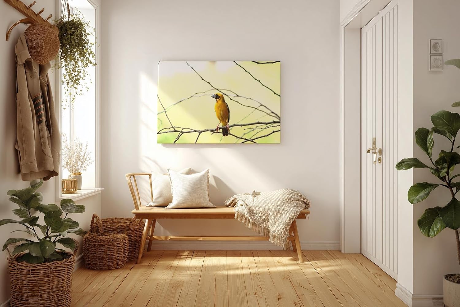 Sinus Art Wandbild 120x80cm Minimalistisches Vogelmotiv mit gelbem Farbakzent auf hellem Hintergrund für moderne Räume