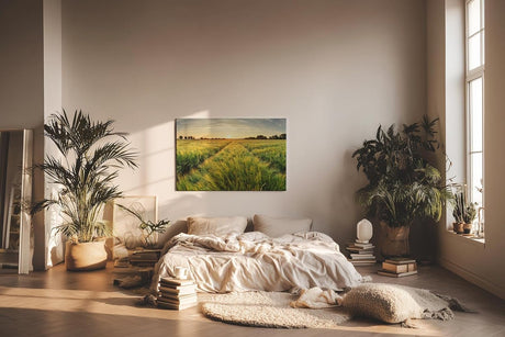 Sinus Art Wandbild 120x80cm Sonnenuntergang über einem weitläufigen Feld voller goldener Halme – friedlich und inspirierend