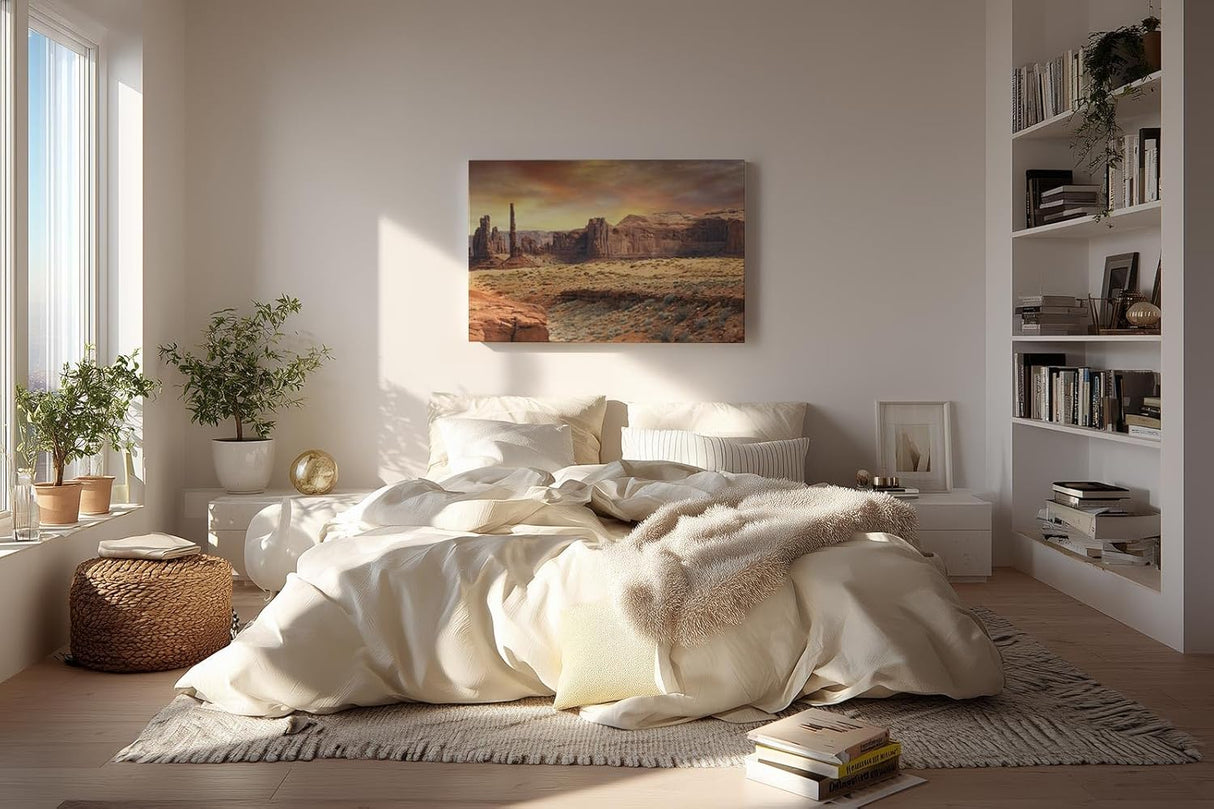 Sinus Art Wandbild 120x80cm Faszinierende Gesteinsformationen unter goldenem Himmel in Western-Atmosphäre
