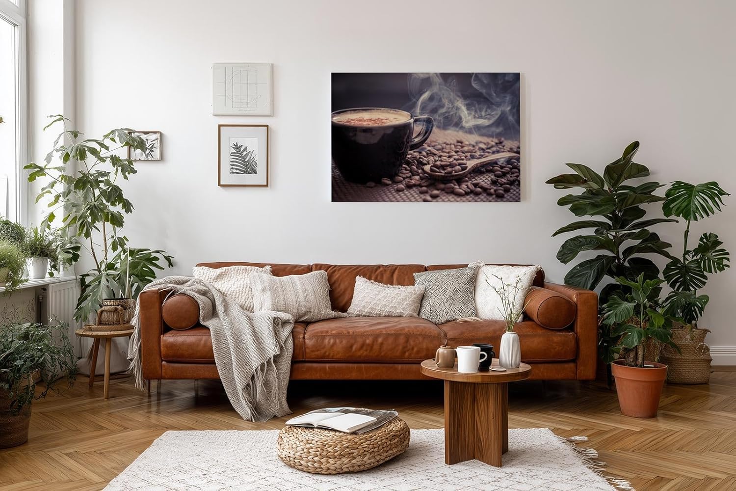 Sinus Art Wandbild 120x80cm Aromatische Darstellung mit dampfender Kaffeetasse und Kaffeebohnen weckt die Sinne und schafft gemütliche Stimmung