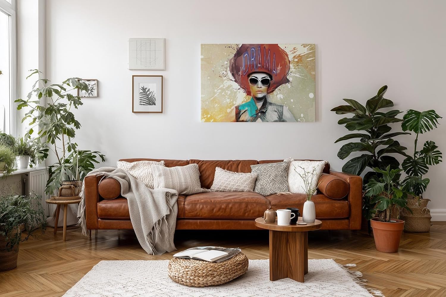 Sinus Art Wandbild 120x80cm Ausdrucksstarke Darstellung einer Frau mit auffälliger Typografie und Farbspritzern