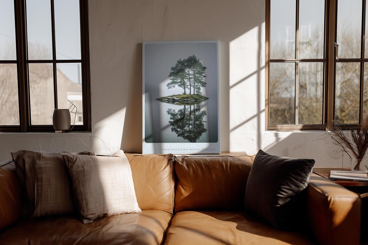 Paul Sinus Wandbild in 40x60cm Island of Stillness – Nebelige Seeinsel mit Baumgruppe, ruhiges Naturmotiv in sanften Grautönen und Spiegelung im Wasser