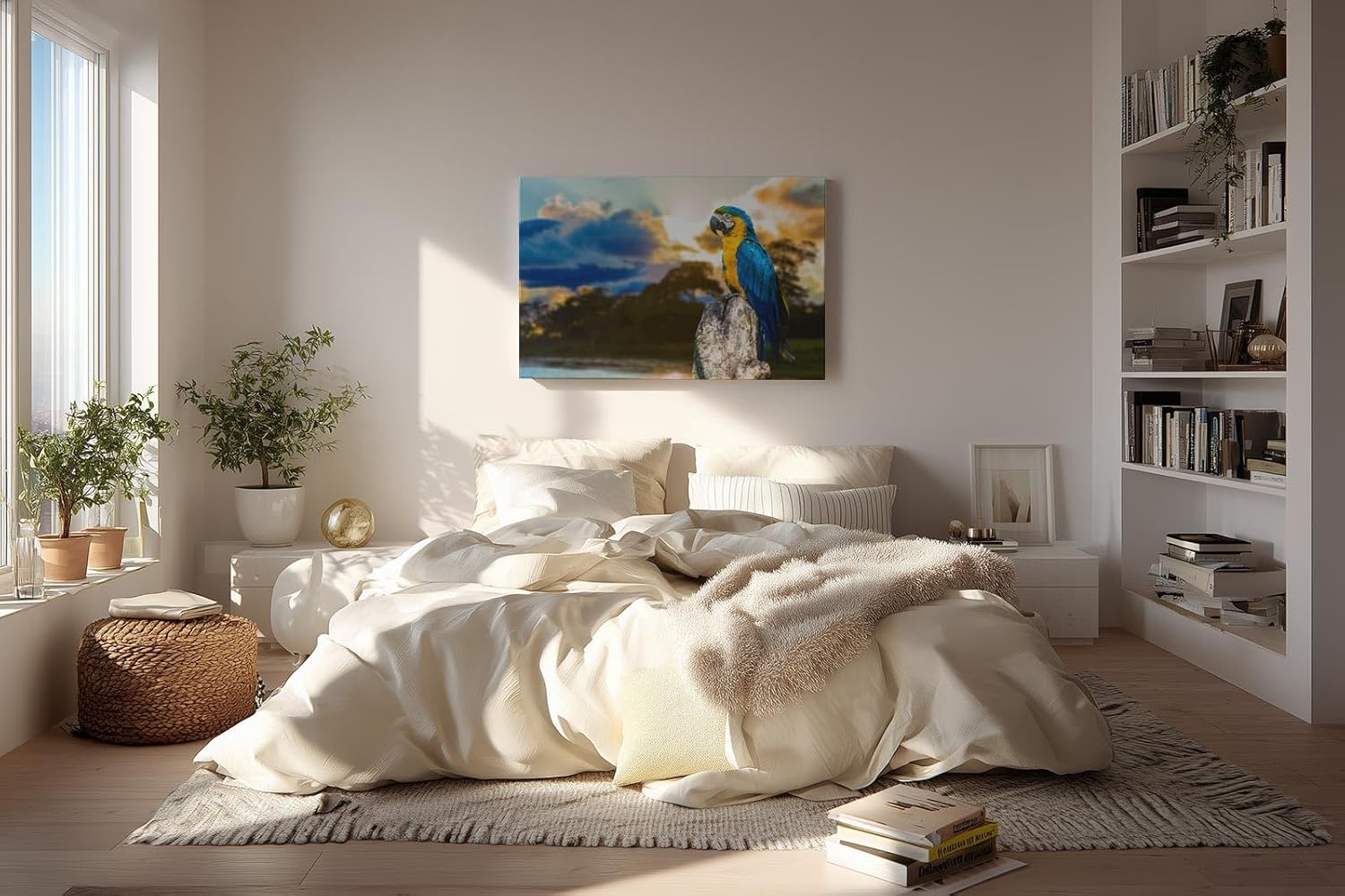Sinus Art Wandbild 120x80cm Farbenfroher Ara auf Baumstamm mit stimmungsvoller Himmelsszenerie in der Natur