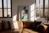 Paul Sinus Wandbild in 40x60cm Perfect Balance – Minimalistisches Porträt einer jungen Frau mit Apfel auf dem Kopf, seitliches Profil, moderne Bilder mit klaren Linien, stilvoll und symbolträchtig