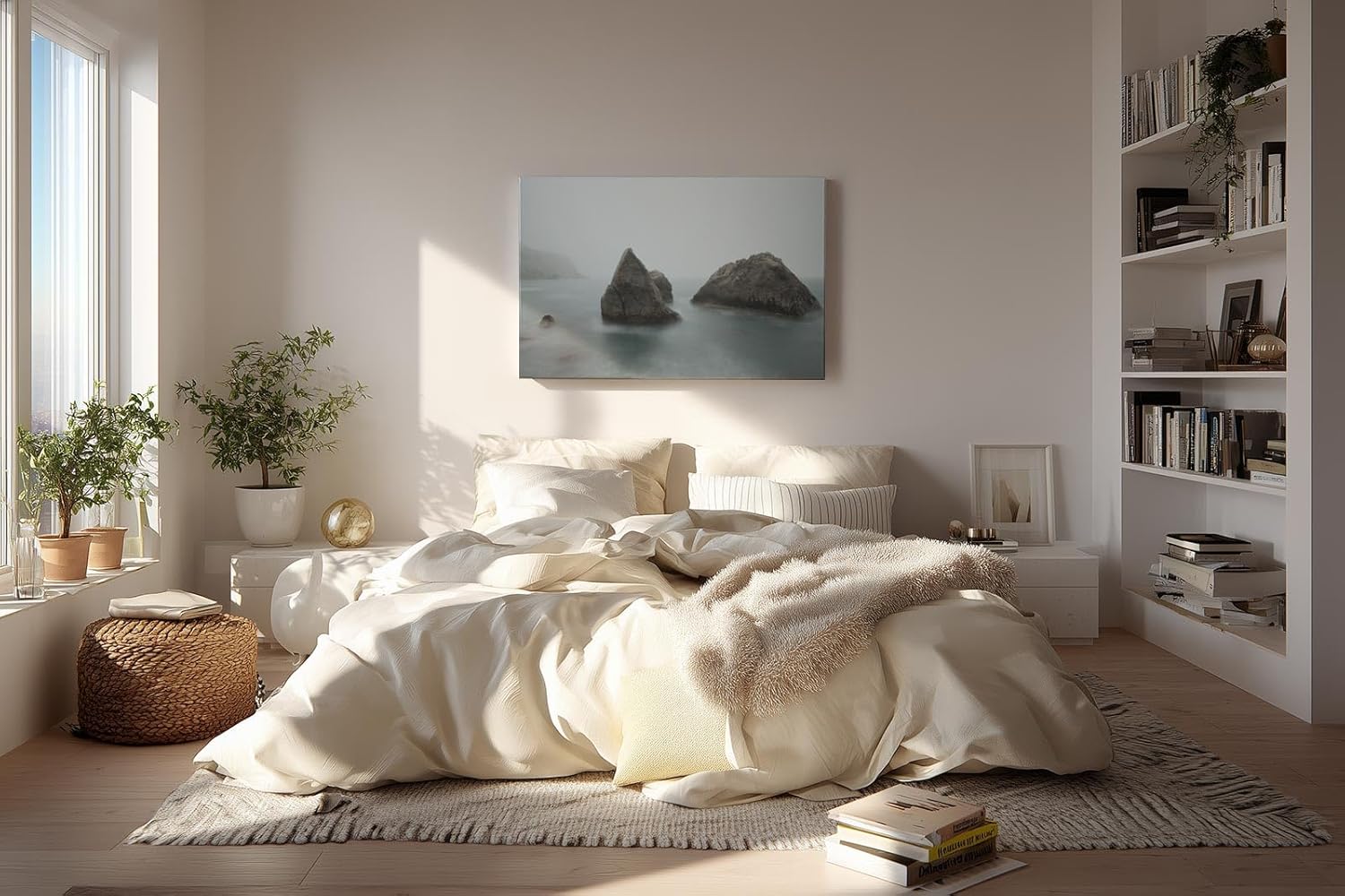 Sinus Art Wandbild 120x80cm Geheimnisvolle Küstenstimmung mit Felsformationen in nebelverhüllter See