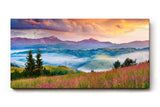Sinus Art Wandbild 120x80cm Farbige Bergwiese mit Nebelschwaden und dramatischem Himmel für emotionale Raumwirkung