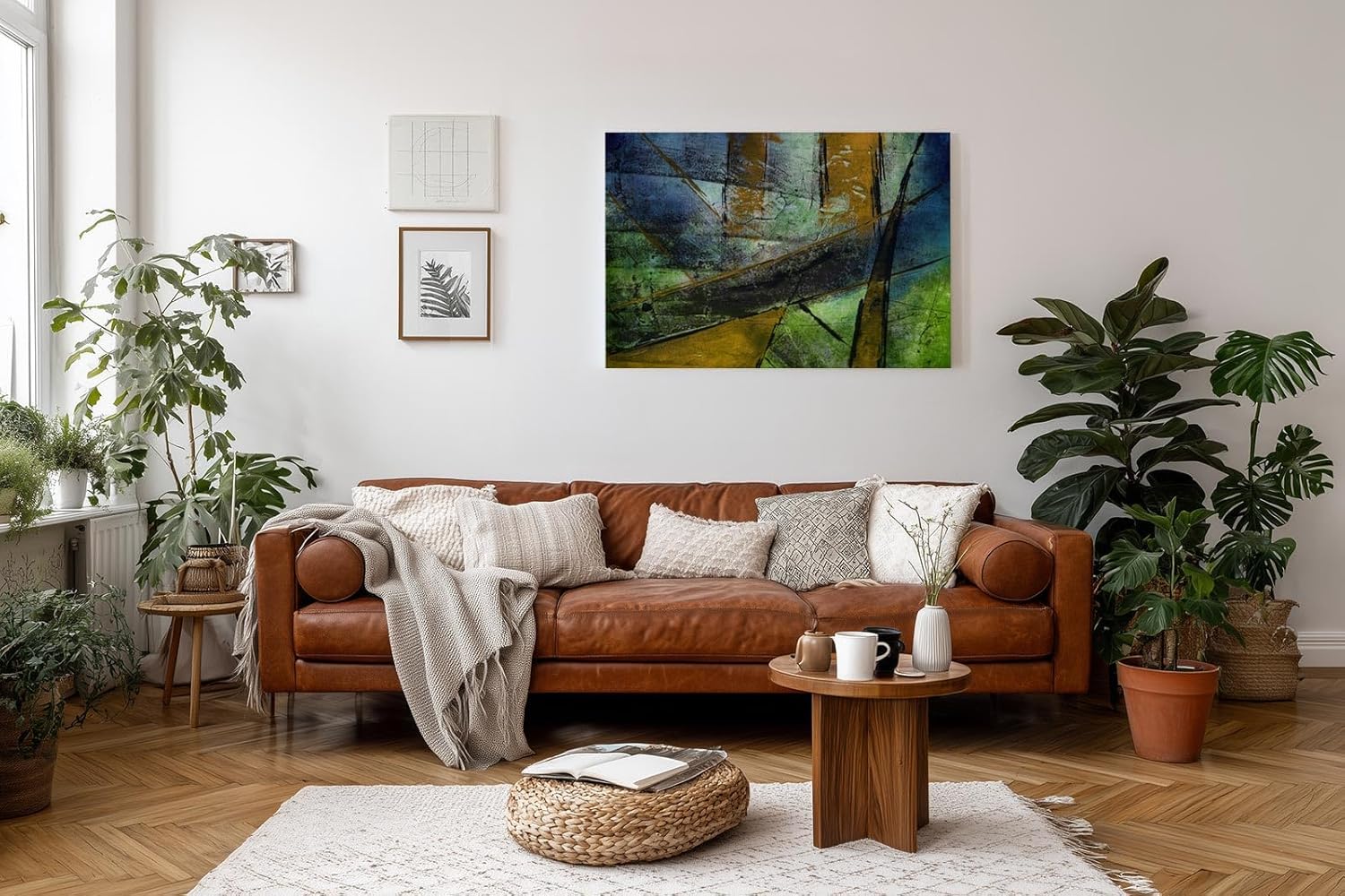 Sinus Art Wandbild 120x80cm Schräge Linien und Flächen in Blau, Grün, Ocker und Schwarz mit Texturwirkung
