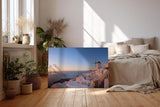Sinus Art Wandbild 120x80cm Weiße Häuser und Windmühlen über dem Meer im goldenen Abendlicht