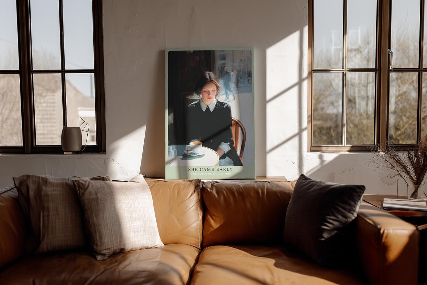 Paul Sinus Wandbild in 40x60cm She Came Early – Zartes Porträt einer Frau am Café-Tisch in Paris, nachdenklich auf ihre Tasse Kaffee blickend, moderne Bilder mit sanften Farbtönen