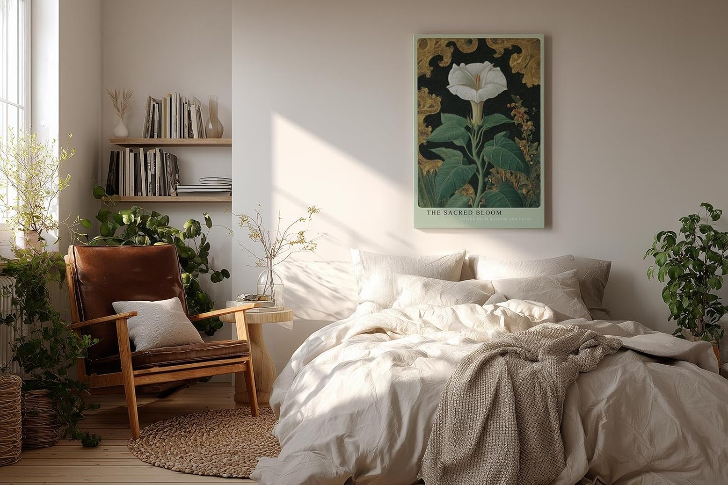 Paul Sinus Wandbild in 40x60cm The Sacred Bloom Botanische Darstellung einer weißen Blüte mit grünen Blättern vor golden verziertem Hintergrund