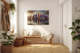 Sinus Art Wandbild 120x80cm Moderne Skyline spiegelt sich im Wasser bei untergehender Sonne – urbanes Highlight
