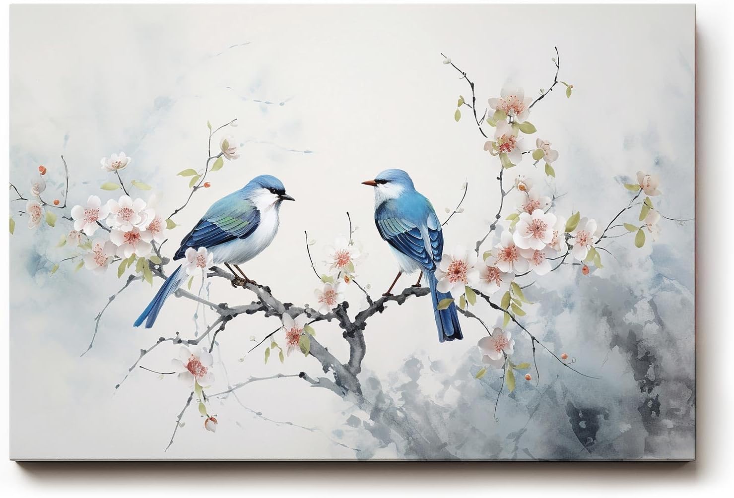 Sinus Art Wandbild 120x80cm Detailreiches Naturmotiv mit zwei blauen Vögeln auf blühendem Ast – filigran und stimmungsvoll gestaltet
