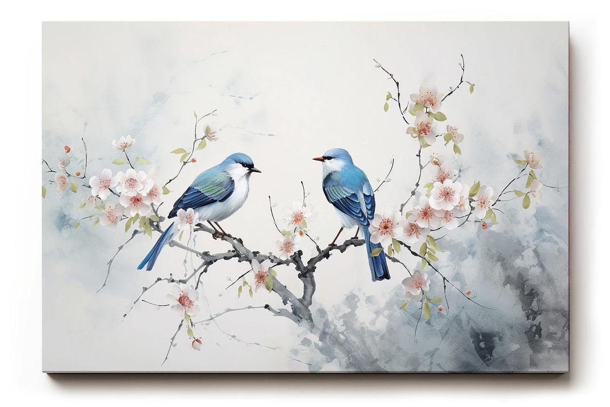 Sinus Art Wandbild 120x80cm Detailreiches Naturmotiv mit zwei blauen Vögeln auf blühendem Ast – filigran und stimmungsvoll gestaltet