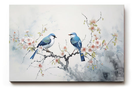 Sinus Art Wandbild 120x80cm Detailreiches Naturmotiv mit zwei blauen Vögeln auf blühendem Ast – filigran und stimmungsvoll gestaltet