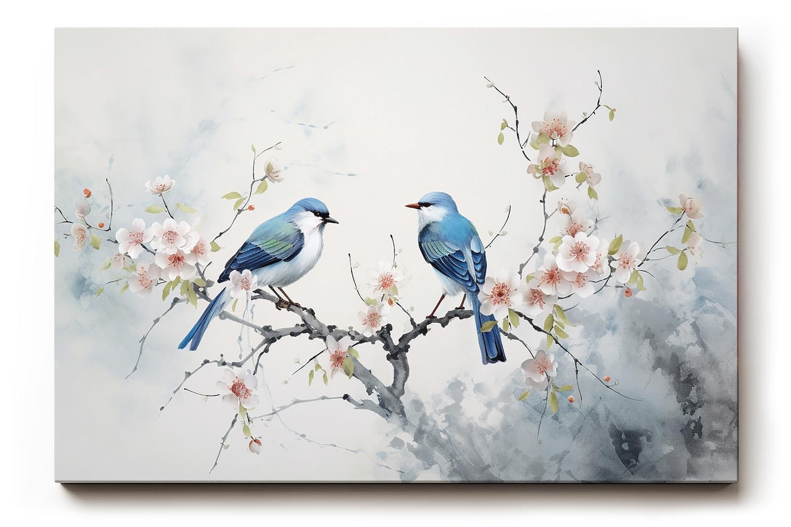Sinus Art Wandbild 120x80cm Detailreiches Naturmotiv mit zwei blauen Vögeln auf blühendem Ast – filigran und stimmungsvoll gestaltet