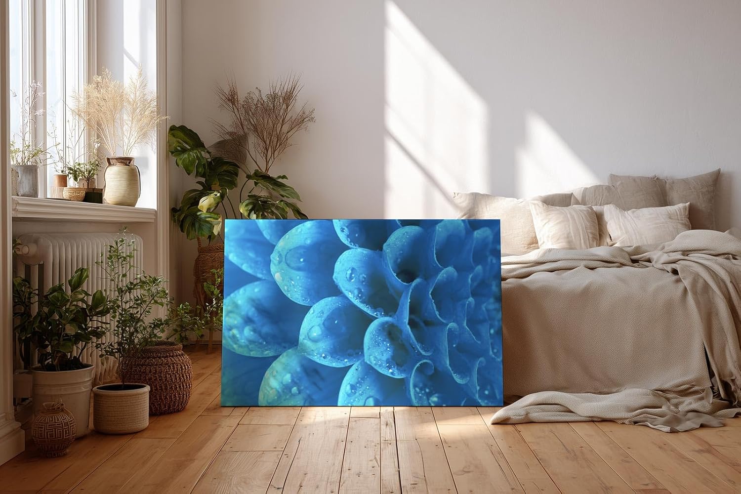 Sinus Art Wandbild 120x80cm Die Tropfen auf der blauen Blüte bringen Frische, Eleganz und Tiefe in den Raum