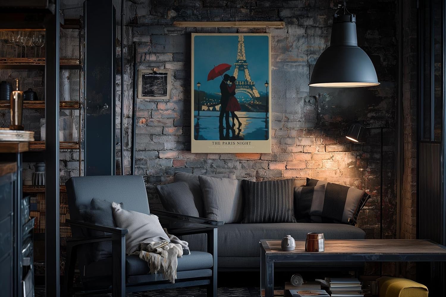 Paul Sinus Wandbild in 40x60cm The Paris Night – romantische Pariser Nachtszene mit Paar und rotem Schirm vor dem Eiffelturm für elegante Raumgestaltung