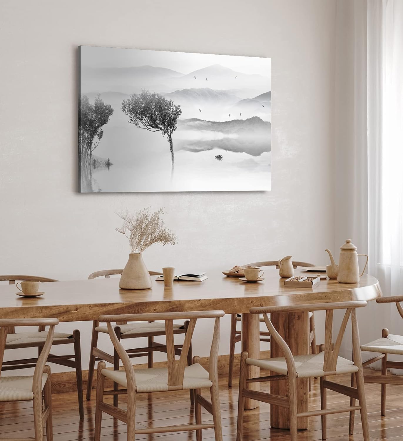 Paul Sinus Wandbild 120x80cm Berge See Fischerboot Schwarz Weiß Baum Kunstvoll