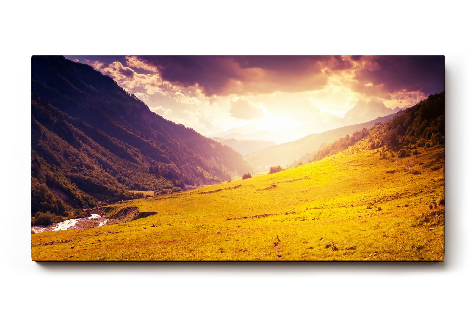 Sinus Art Wandbild 120x80cm Sonnenuntergang taucht Bergwiese in goldenes Licht mit dramatischem Himmel