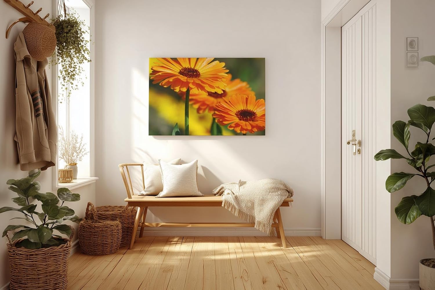 Sinus Art Wandbild 120x80cm Strahlende Ringelblumen in voller Blüte mit lebendiger Bildtiefe und Klarheit