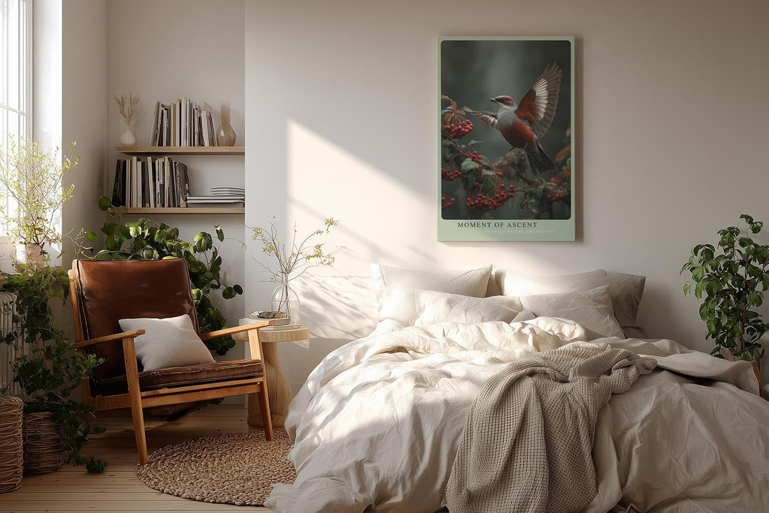 Paul Sinus Wandbild in 40x60cm Moment of Ascent Rot-weißer Vogel im Aufstieg auf einem Zweig mit roten Beeren vor natürlichem Hintergrund