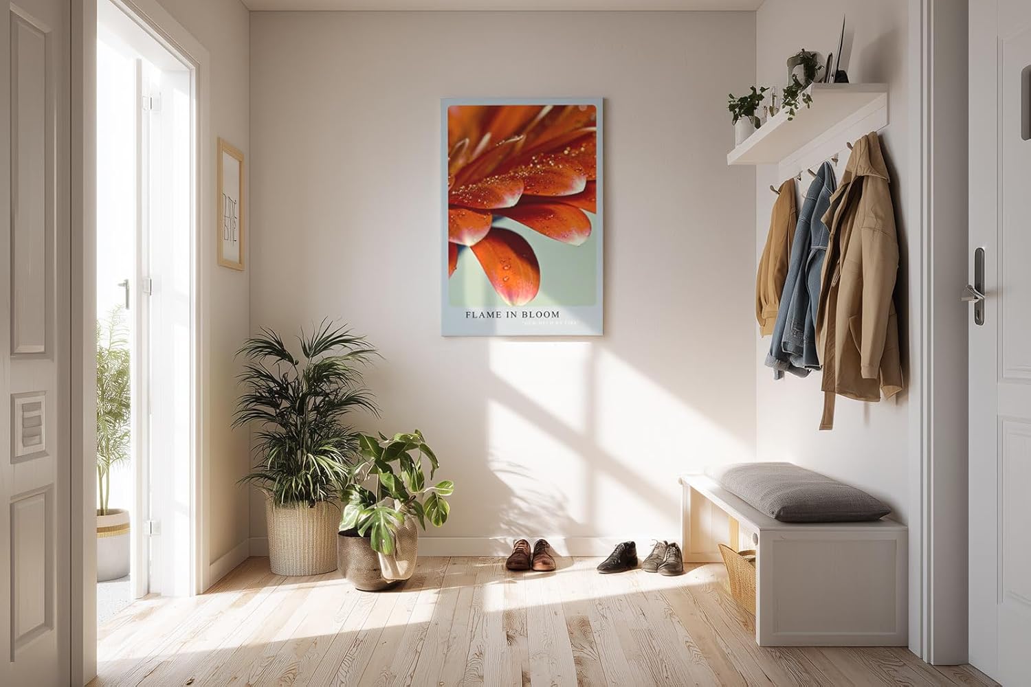 Paul Sinus Kunstdruck 40x60cm Flame in Bloom – rote Blütenblätter mit Tautropfen in leuchtender Nahaufnahme