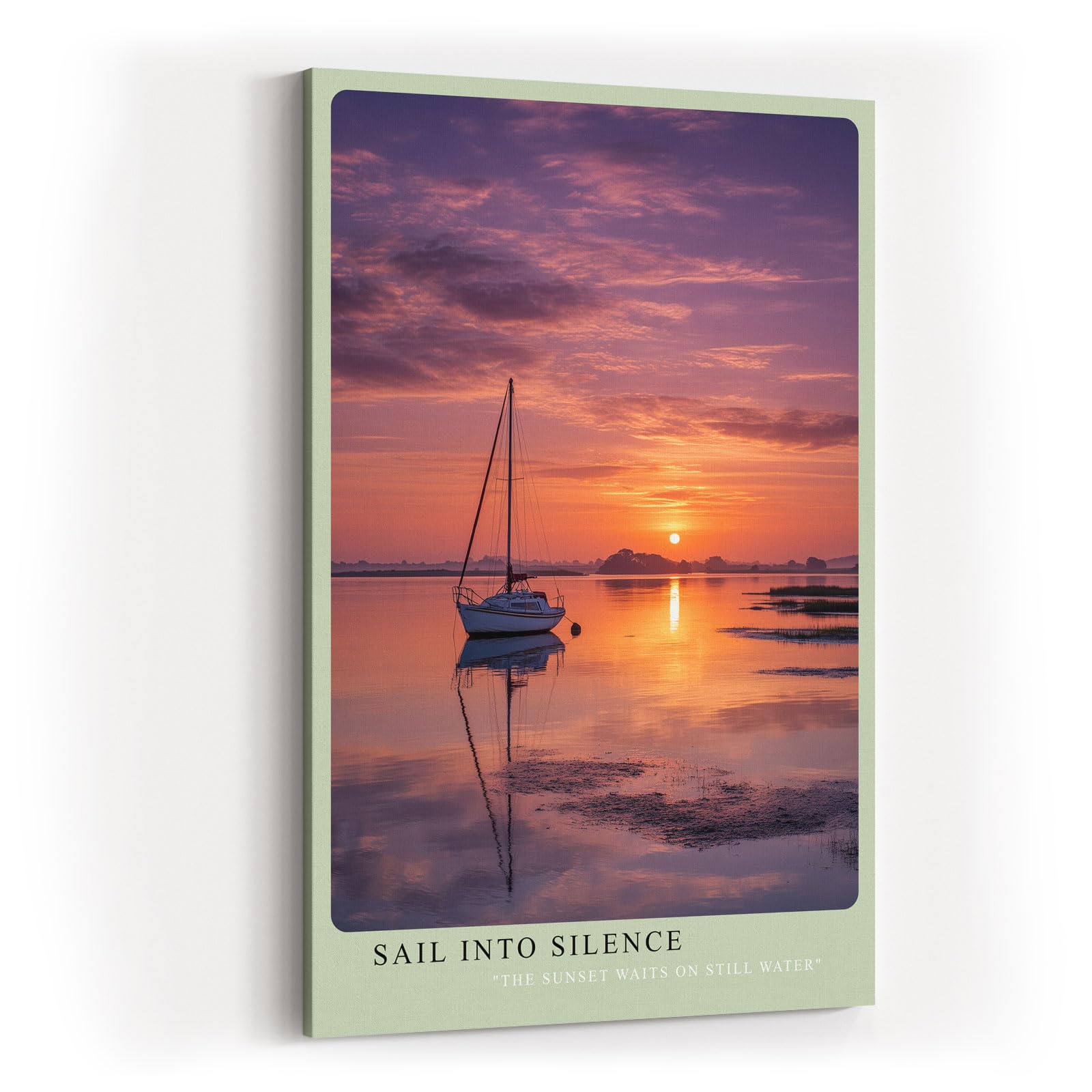 Paul Sinus Wandbild in 40x60cm Segelboot bei Sonnenuntergang auf stillem Wasser mit violett-orangefarbenem Himmel
