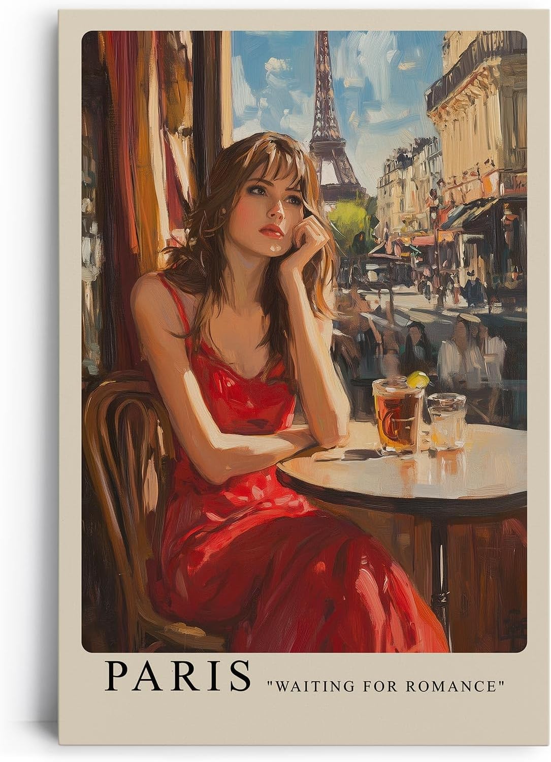 Paul Sinus Leinwandbild 60x90cm Leinwandbild Romantische Pariser Café-Szene – Frau im roten Kleid, impressionistische Stadtansicht, französischer Charme