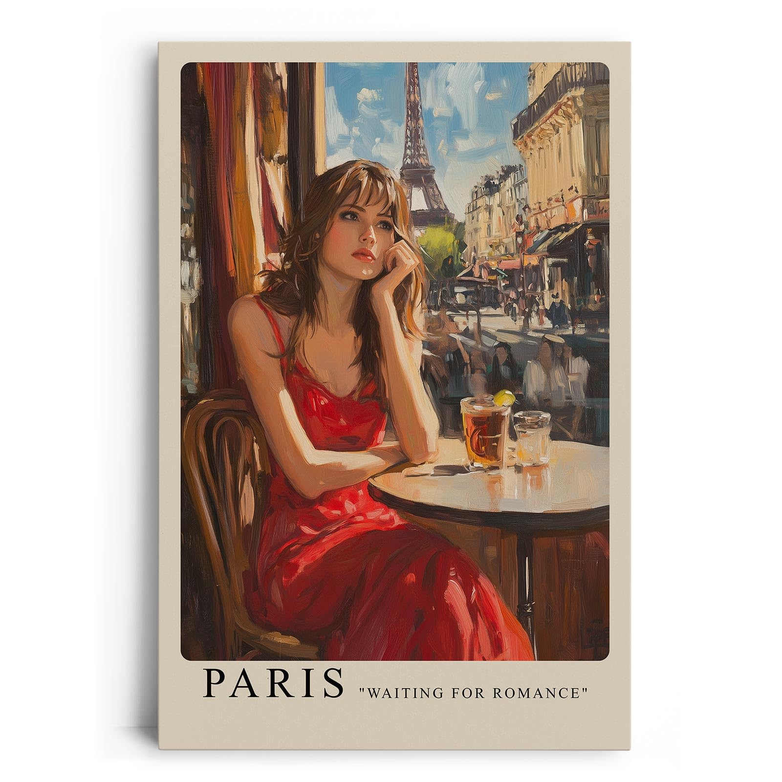 Paul Sinus Leinwandbild 60x90cm Leinwandbild Romantische Pariser Café-Szene – Frau im roten Kleid, impressionistische Stadtansicht, französischer Charme