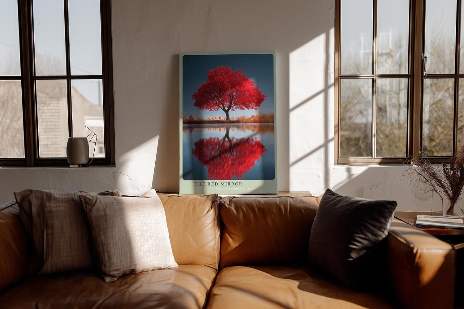 Paul Sinus Wandbild in 40x60cm The Red Mirror Strahlender roter Baum mit perfekter Spiegelung im Wasser vor sanfter Landschaftskulisse