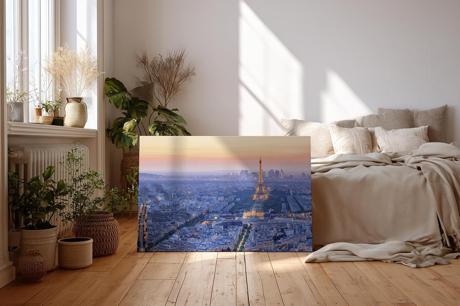 Sinus Art Wandbild 120x80cm Der leuchtende Eiffelturm inmitten der Stadt sorgt für Eleganz und Fernweh im Raum