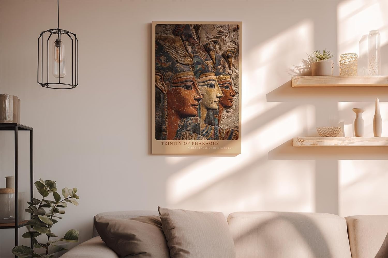Paul Sinus Wandbild in 40x60cm Trinity of Pharaohs – Drei ägyptische Herrscher im kunstvollen Relief mit Gold-, Blauund Erdtönen